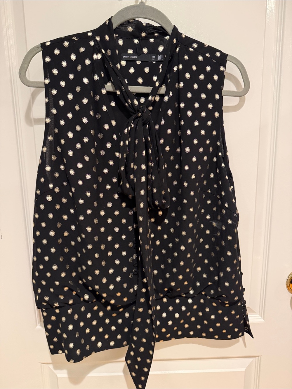Karen Millen black metallic polka dot tie-neck sleeveless top
